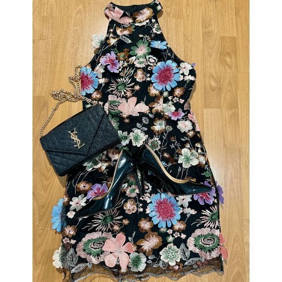 Entra Black Floral Overlay High Neck Sleeveless Dress - Picture 9 of 13